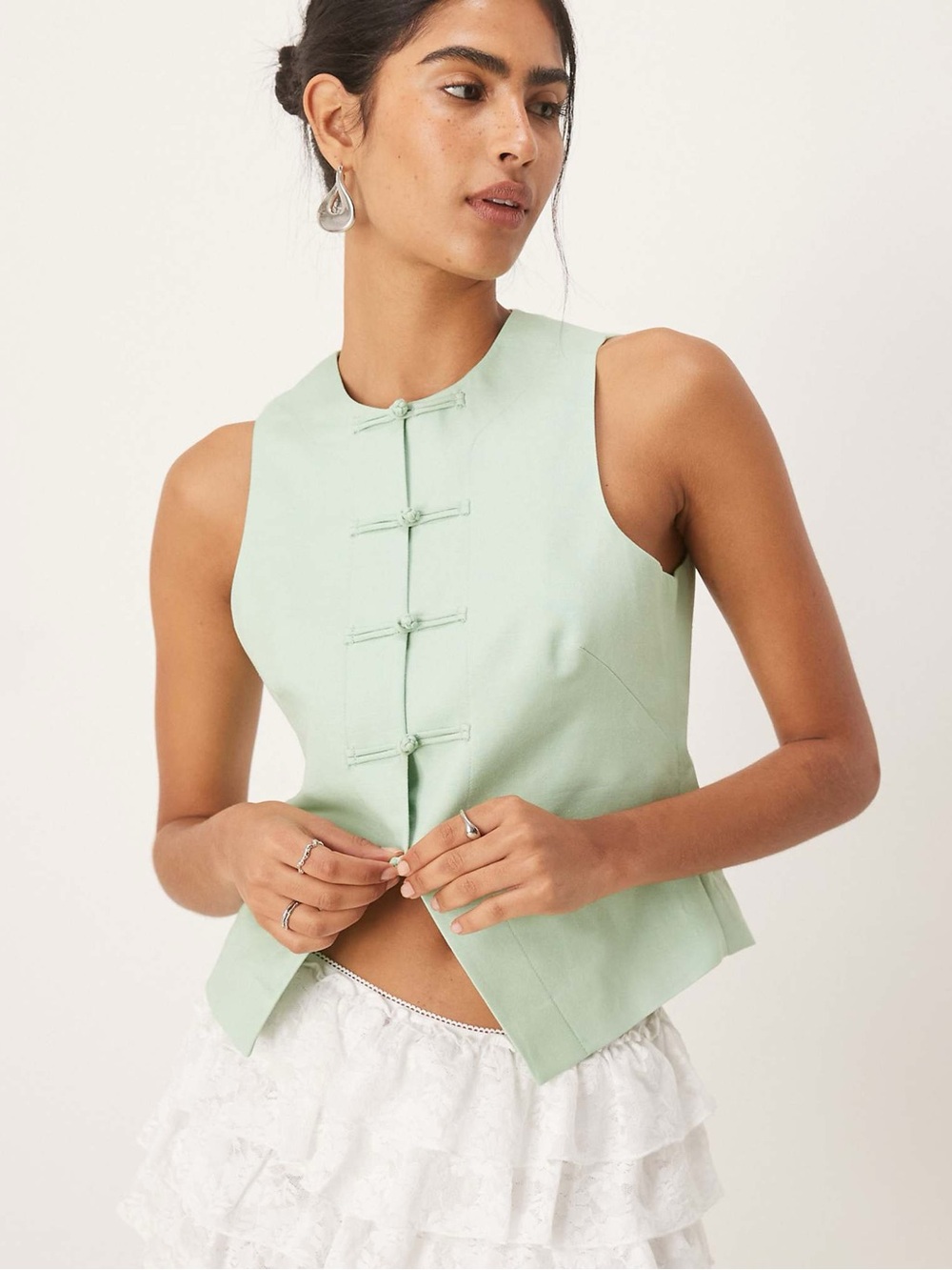 Mango Sleeveless Mandarin Vest in Mint Green